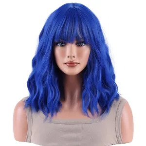 AneShe Dark Blue Wig Short Colored Wavy Bob Wigs with Bangs Curly Synthetic Colorful Wigs Blue Costume Wigs for Party Cosplay (14" Dark Blue)