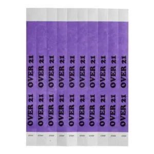 Bar Maid WB-OVER21 Wristbands, 3/4"W X 9.5"L Tyvek, Sequentially Numbered — Over 21 (Purple/Black), 500 Bands/Pack