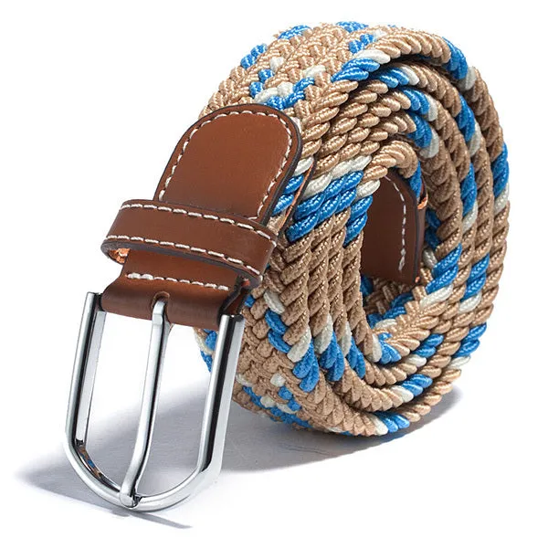 Men Women Waistband Unisex Canvas Woven Leather Pin Buckle Elastic Waist Belt