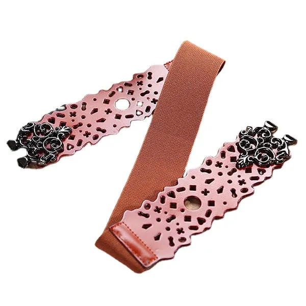 Women First Layer Leather Hollow Belts Elastic Stretchable Metal Button Waistband