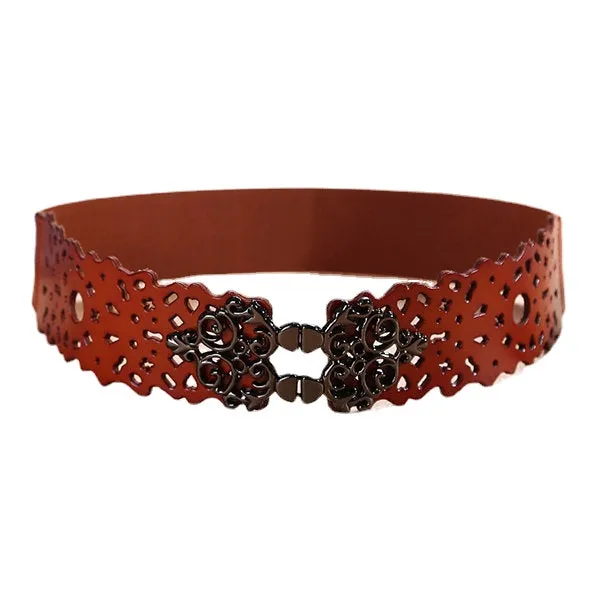 Women First Layer Leather Hollow Belts Elastic Stretchable Metal Button Waistband