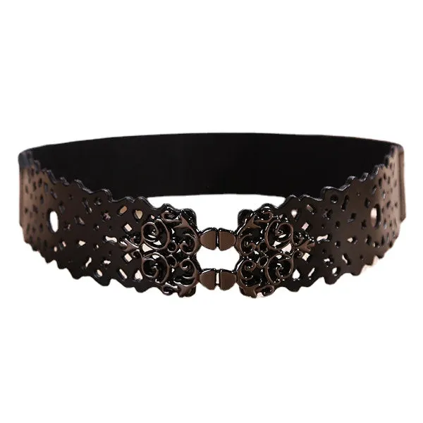 Women First Layer Leather Hollow Belts Elastic Stretchable Metal Button Waistband