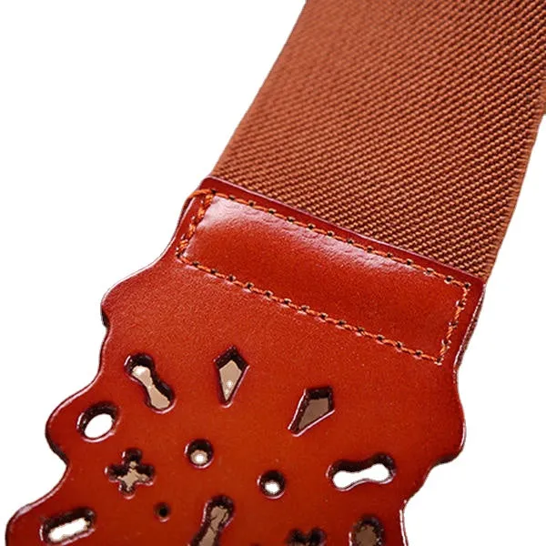 Women First Layer Leather Hollow Belts Elastic Stretchable Metal Button Waistband