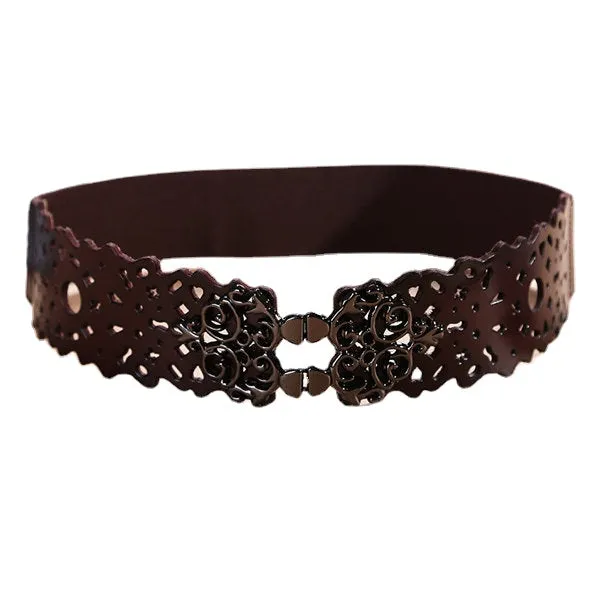 Women First Layer Leather Hollow Belts Elastic Stretchable Metal Button Waistband