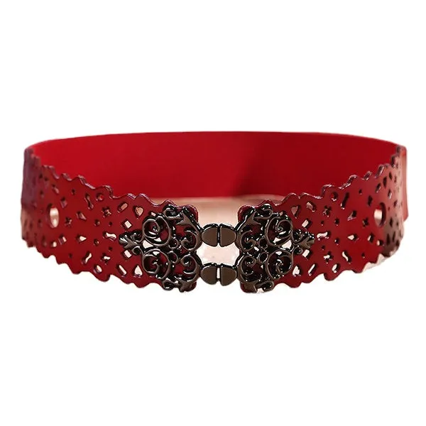 Women First Layer Leather Hollow Belts Elastic Stretchable Metal Button Waistband